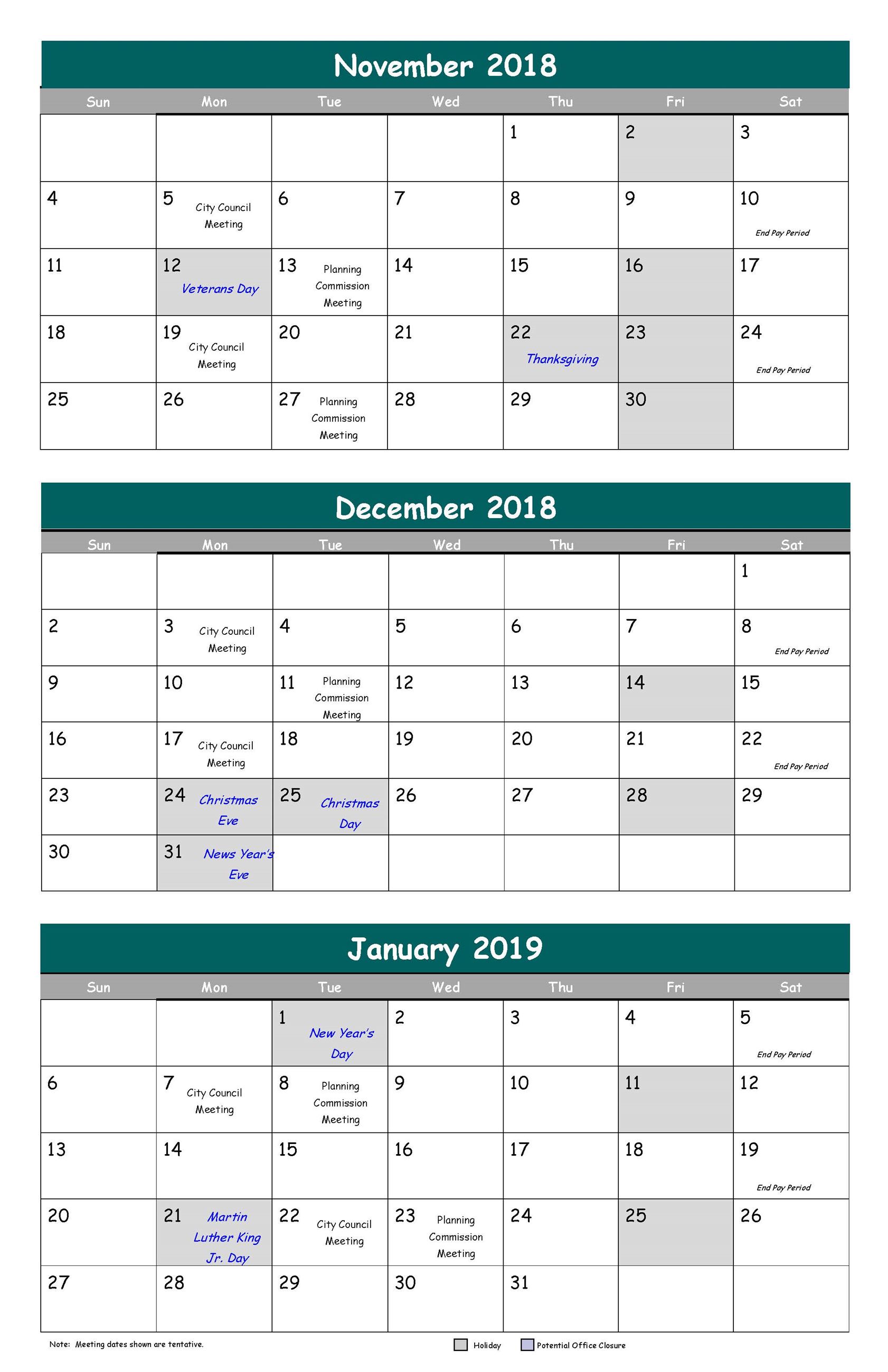 November 2018 through January 2019 Calendar